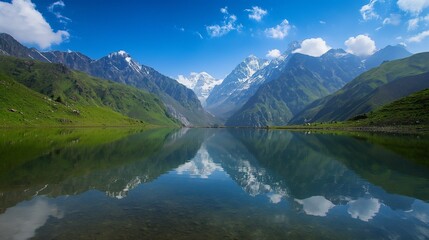 Image of a serene lake nestled amidst towering mountains.