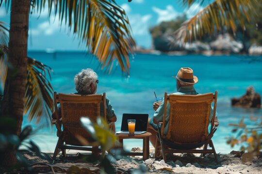 Elderly friends share photos on laptops at beach picnic