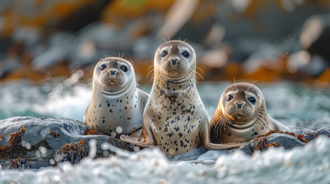Three seals perched on a rock in the water, showcasing marine wildlife