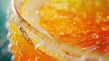close-up angle of an orange juice-filled cup rim, accentuating the vivid colors and textures,...