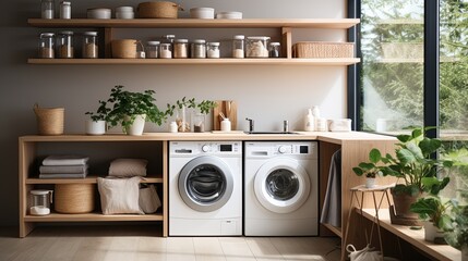 A contemporary laundry room with impeccably organized shelves and light wooden cabinetry. Generative AI