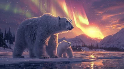Fototapeten A polar bear and her cub stand in the water under the northern lights © Yuchen