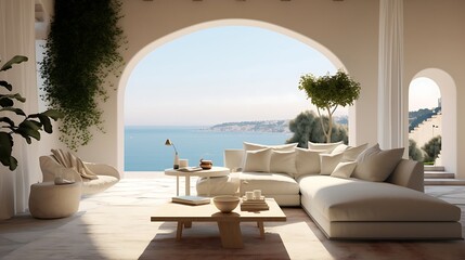 an image of a living room where grey steps, a plush sole sofa, and stunning ocean scenery come together seamlessly,