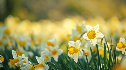 Spring Daffodils Blooming in Sunlit Field - obrazy, fototapety, plakaty