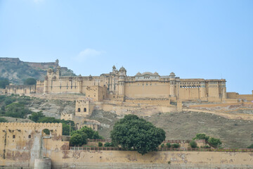 Frontal panoramic image of Amber Fort,tourist destination in pink city of Jaipur