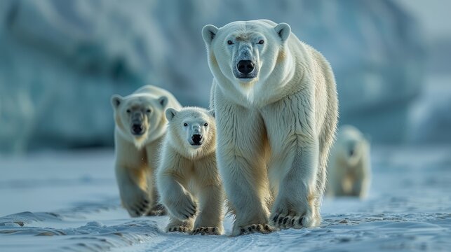 Carnivore polar bear and cubs walk on polar ice cap, in snowy natural landscape