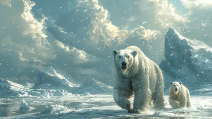 Keuken spatwand met foto Two polar bears roam the arctic, blending into the snowy landscape © Yuchen