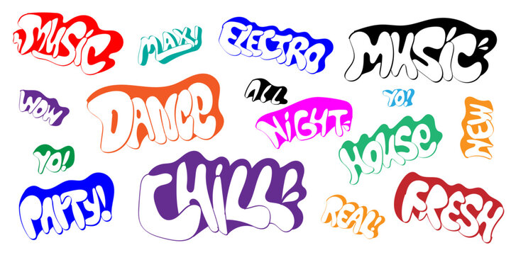 Graffiti style lettering  words vector doodle set , music dance party background isolated design elements