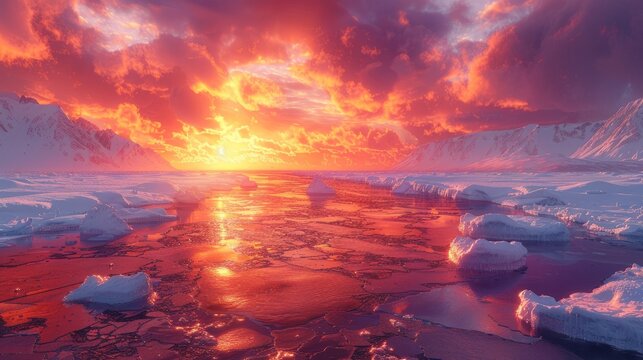 Vibrant sunset sky with ice and fire colors reflecting on water