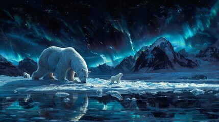 Polar bear and cub wade in icy waters under the aurora borealis