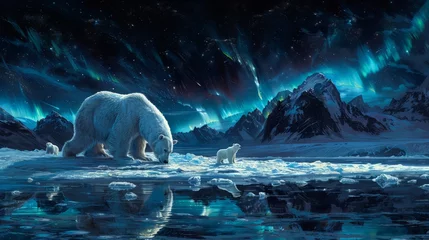 Foto op Canvas Polar bear and cub wade in icy waters under the aurora borealis © Yuchen