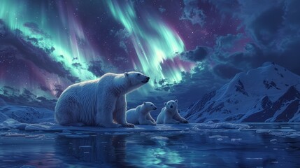 Polar bear and cubs in water under aurora borealis