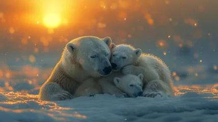 Fototapeten Two polar bears rest on snowy terrain, blending into natural landscape © Yuchen