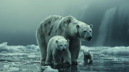 Fototapeten Polar bear and two cubs in liquid nature, standing in water © Yuchen