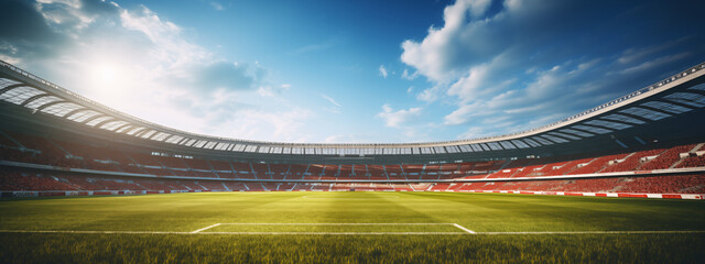 Expansive Soccer Stadium with Clear Blue Sky - Sporting Event Venue - obrazy, fototapety, plakaty