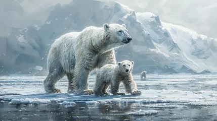 Schilderijen op glas Polar bear and cub standing on ice in Arctic Ocean © Yuchen