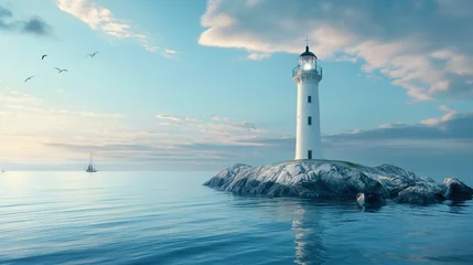  Image of a white lighthouse by the ocean. © kept