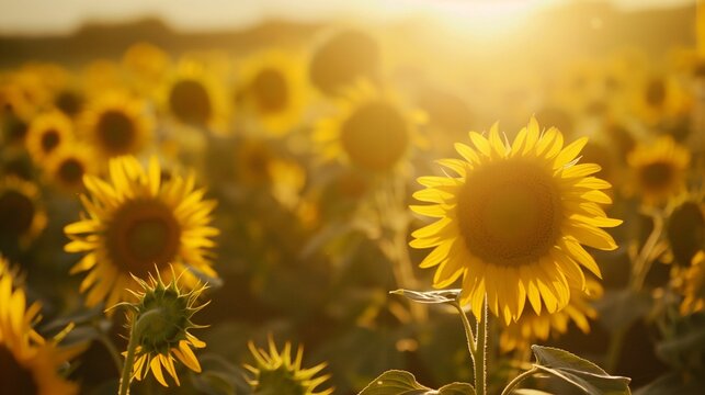 Image of a sunflower field in golden sunshine.