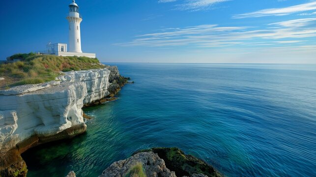 Image of a white lighthouse by the ocean.