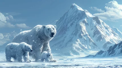 Foto op Plexiglas Two polar bears stand in the snowy landscape in front of a mountain © Yuchen