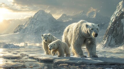 A mother polar bear and her two cubs trekking over icy terrain on a frozen lake