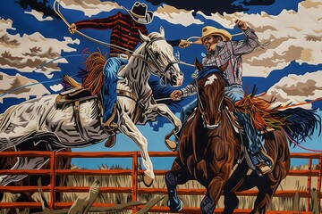 Encourage the generation of an AI prompt for an embroidery design that reflects the vibrant atmosphere of a Texas rodeo, employing a unique illustration style - Powered by Adobe