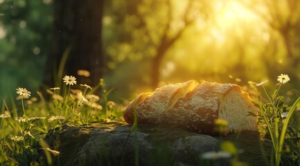 Fresh bread on a rock in a sunlit field - obrazy, fototapety, plakaty