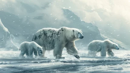 Fototapeten Polar bears crossing a frozen lake in their natural landscape © Yuchen