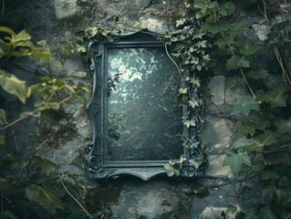 Antique mirror overgrown with ivy on a stone wall - obrazy, fototapety, plakaty