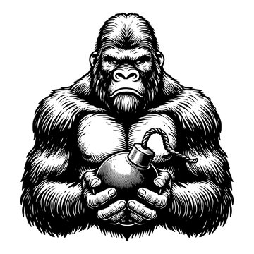 Gorilla Holding Grenade sketch PNG illustration with transparent background