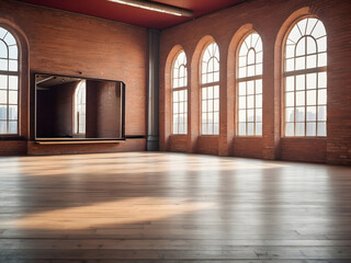 Large empty studio - dance room with wooden floor, brick wall, large windows design.