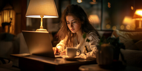 A young woman deeply focused on her work in front of a laptop at night. The soft glow of the table lamp illuminates her thoughtful expression.