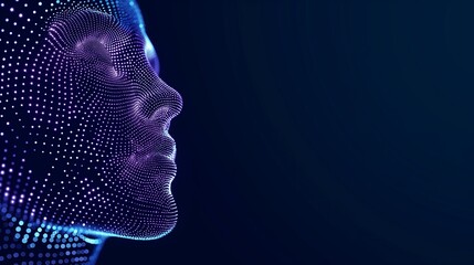 3d virtual human face formed by glowing dots waves network isolated on dark blue technology style background with copy space.