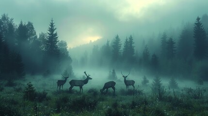 Deer herd in foggy field create a serene atmosphere - obrazy, fototapety, plakaty