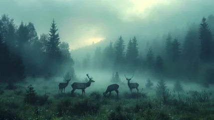 Zelfklevend Fotobehang Toilet Deer herd in foggy field create a serene atmosphere