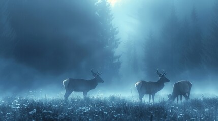 Deer grazing in a fogcovered field under an electric blue night sky