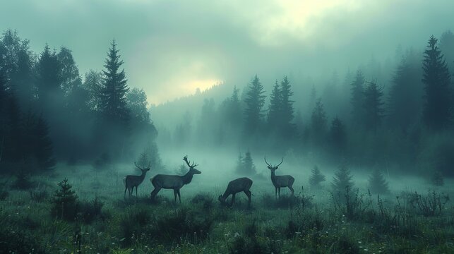 Deer herd in foggy field create a serene atmosphere