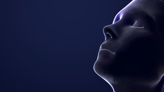 3d virtual human face formed by glowing dots waves network isolated on dark blue technology style background with copy space.
