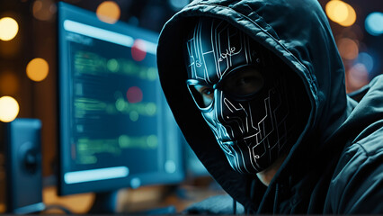 hacker man on computer, hacker in hoodie, cybercrime concept , cyber security