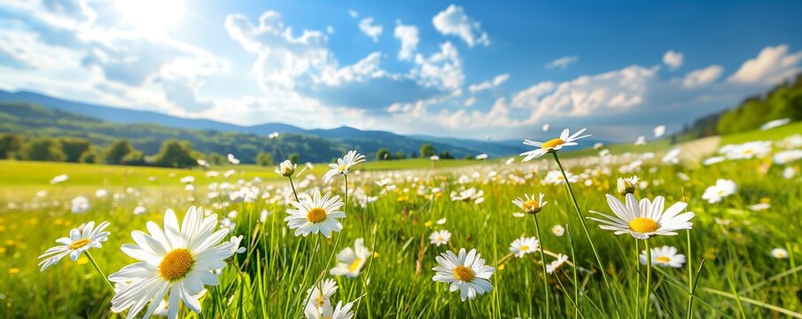 Wild daisies in the spring meadow grass filed with a blue sky, panorama, copy space.