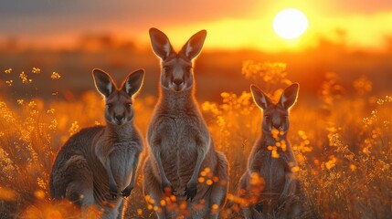 Three kangaroos in the grassland at sunset in the Ecoregion - obrazy, fototapety, plakaty