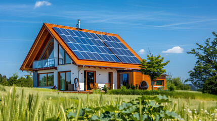 The sky is blue, a family of four, a large house with solar panels on it, with a realistic composition style, youthful energy, a serene and peaceful atmosphere, vibrant energy,  smiles