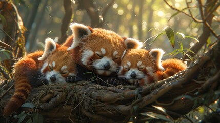 Three red pandas slumbering in a tree in a natural landscape