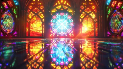 Papier peint Coloré A vibrant stained glass window pattern, incorporating symbols and characters from the game, set against the light to create a luminous and colorful effect created with Generative AI Technology