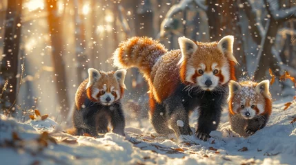 Poster Three red pandas roam snowy woods, carnivores in a natural landscape © Yuchen