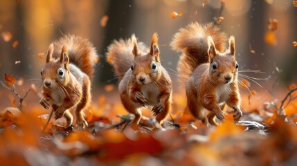 Three squirrels dart among leaves, their fur blending with the forest floor - obrazy, fototapety, plakaty
