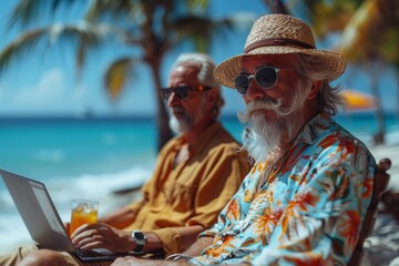 Retired couple browse internet together in beach hammocks