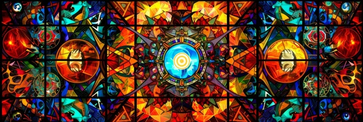 Papier Peint photo Coloré A vibrant stained glass window pattern, incorporating symbols and characters from the game, set against the light to create a luminous and colorful effect created with Generative AI Technology