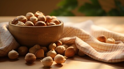 Image of hazelnuts on a wood table.
