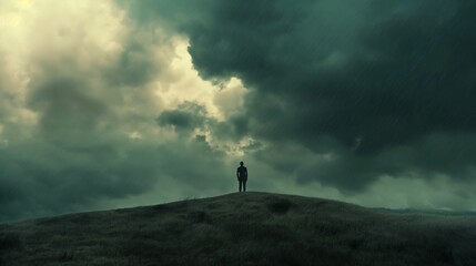 Image of lone figure under a sky heavy with dark clouds.